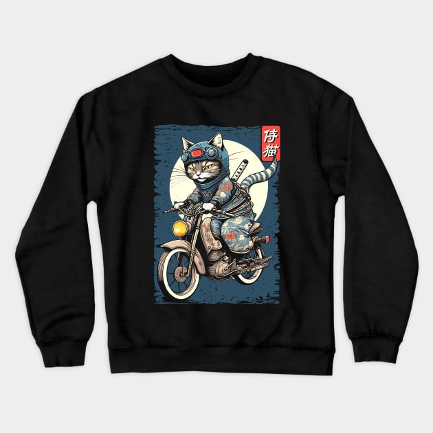 Japanese Samurai Cat on Motorcycle Kawaii Ninja Cat Crewneck Sweatshirt by Apocatnipse Meow